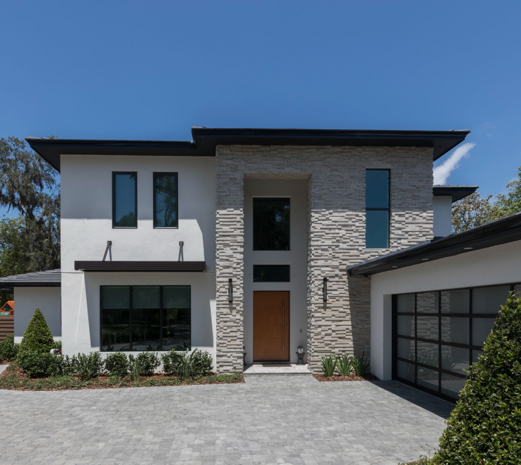 Cultured Stone Vellum Modera Pro-Fit Ledgestone on home exterior